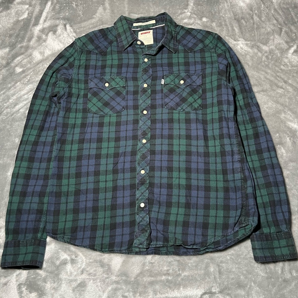 Levi's Shirt Men Size Large Snap Button Button Up‎ Green Plaid Long Sleeve